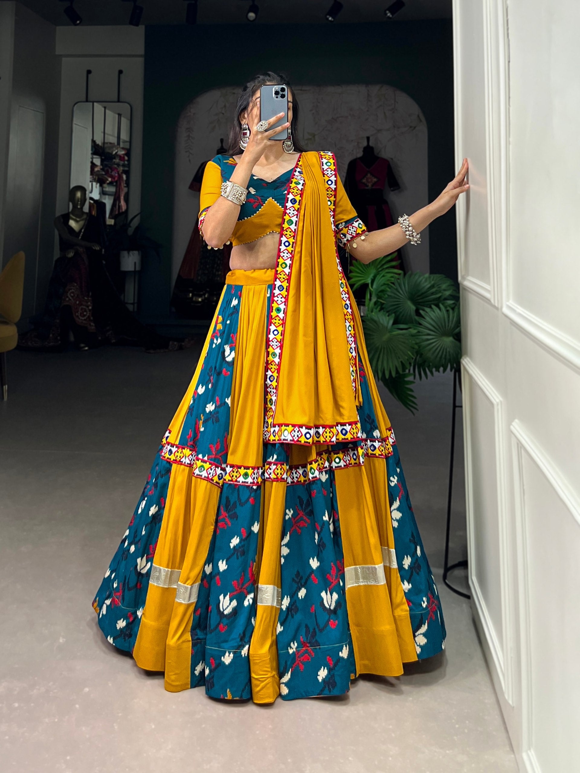 Lorenvalley Yellow and Rama Rayon with Printed Silk Original Mirror Gamthi Work and Embossed Design Gota Lehenga Choli with Dupatta | Swadesiicart