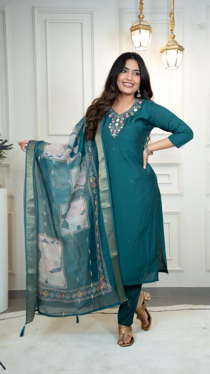 Lorenvalley Fashion Rama Roman Silk Hand Work Kurta Pant with Dupatta - Swadesiicart