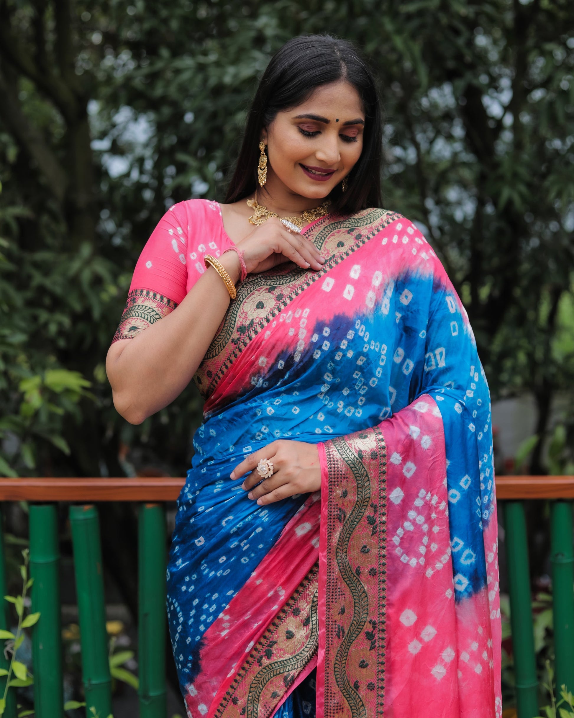 Lorenvalley Premium Pure Bandhej Tapeta Soft light weight silk saree with zari weaving Border - Multicolor - Swadesiicart