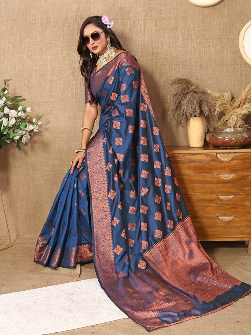 Lorenvalley Fashion Rama Soft Katan Silk Woven Design Copper Zari Weaving Saree - Swadesiicart