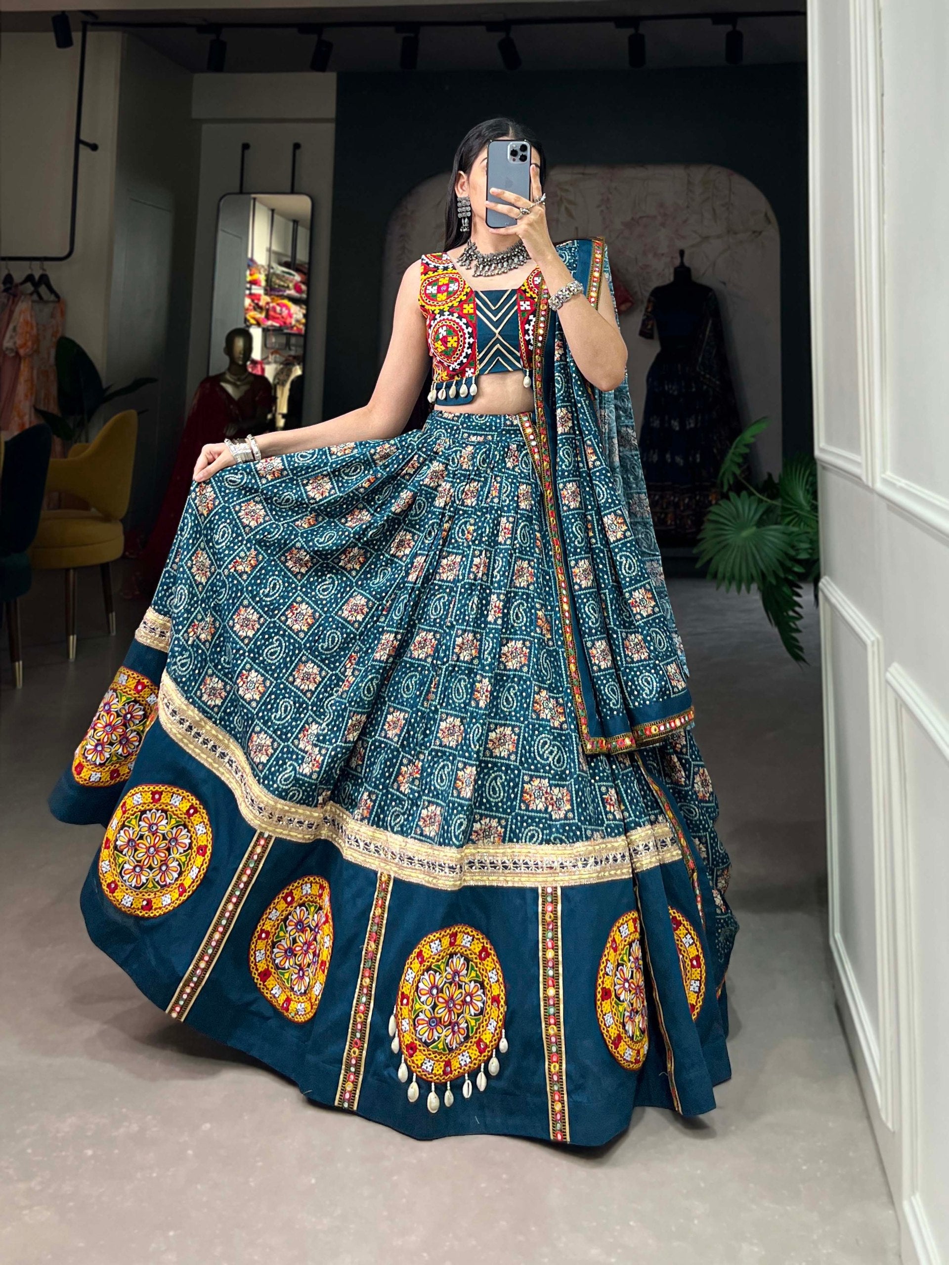 Lorenvalley Rama Pure Rayon Navratri Chaniya Choli, Complete With Sophisticated Printed Foil Work And Gamthi Patch & Lace Touch-Up | Swadesiicart