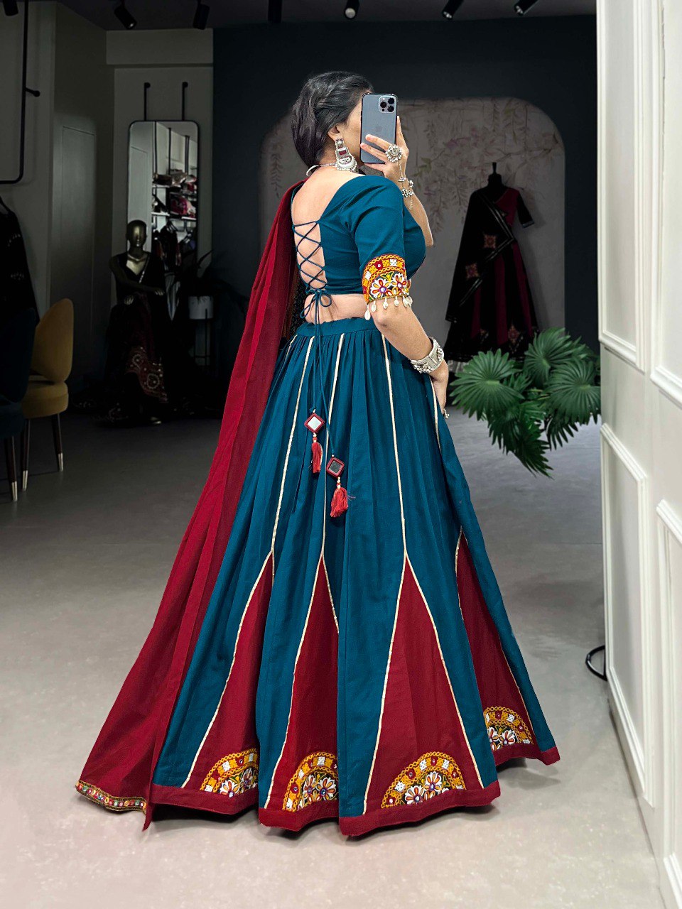 Lorenvalley Pure Cotton Rama Plain And Gamthi Patch Work With Gota Patti Lehenga Choli with Dupatta | Swadesiicart