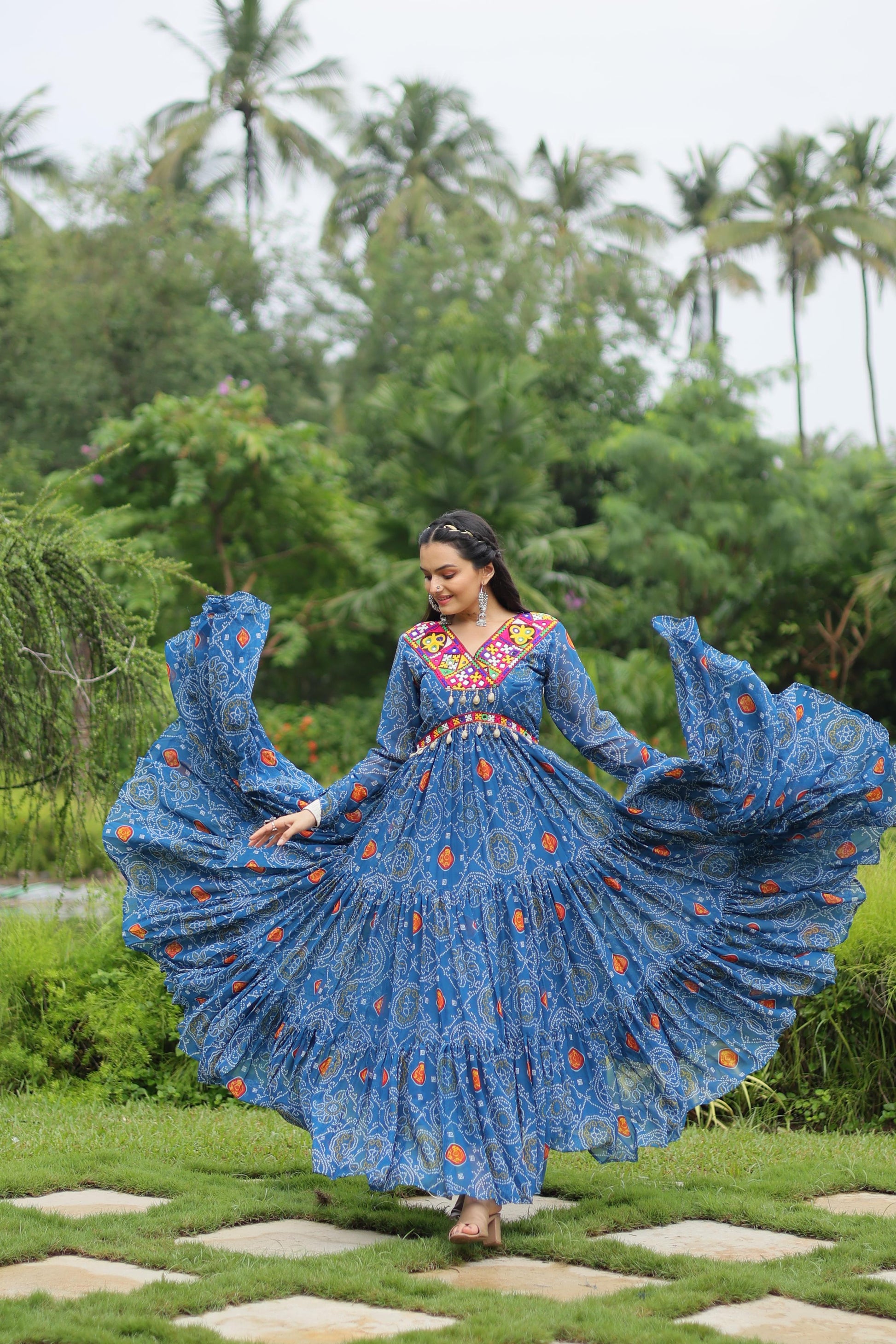 Lorenvalley Rama Faux Georgette Bandhani Print Work With Kutchi Patch Work Gown | Swadesiicart