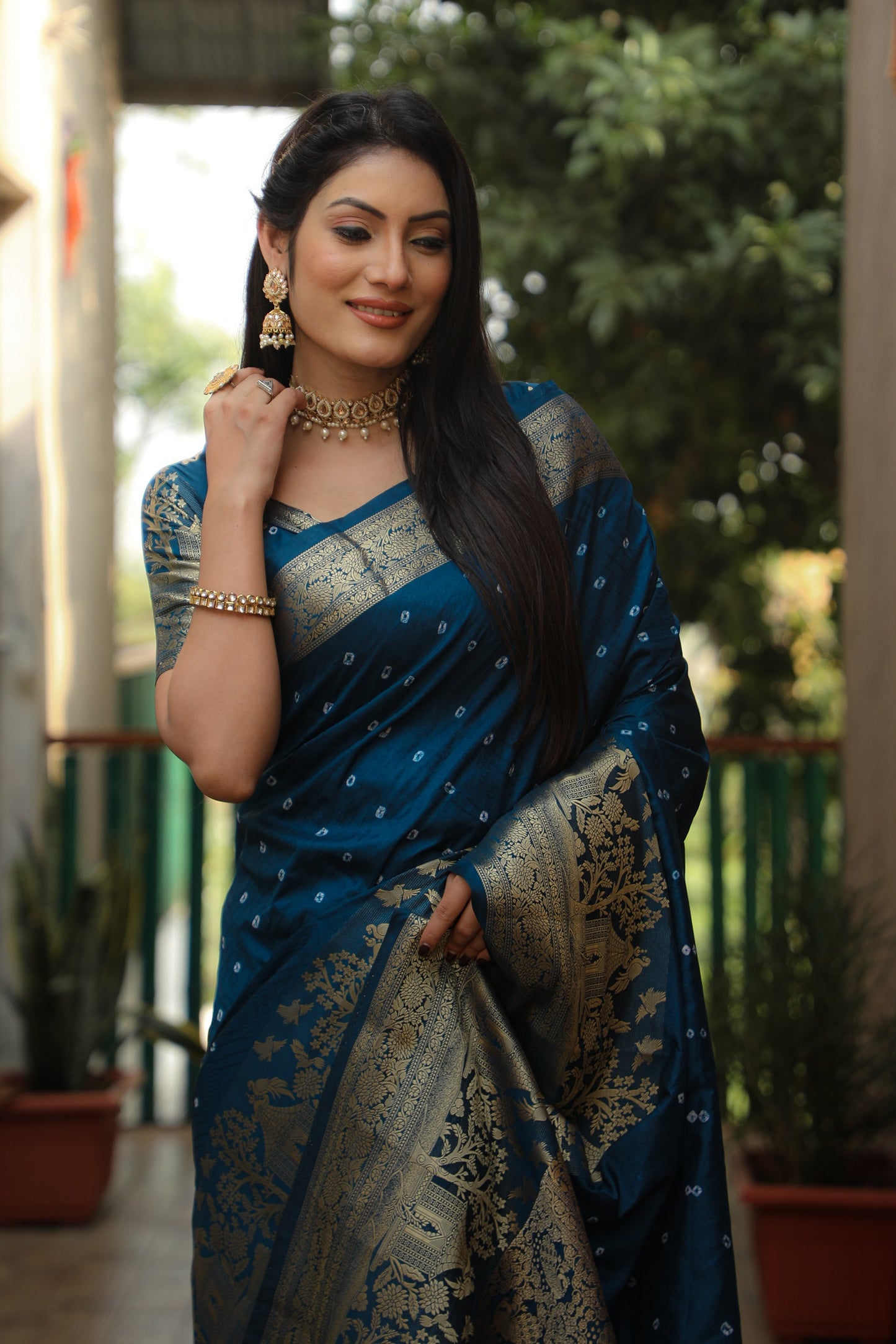Lorenvalley Premium Pure Handmade Bandhej Kanjivaram silk saree with Zari Weaving Rich Pallu saree - Rama - Swadesiicart