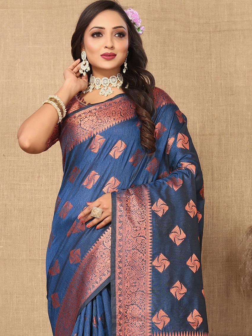 Lorenvalley Fashion Rama Soft Katan Silk Woven Design Copper Zari Weaving Saree - Swadesiicart