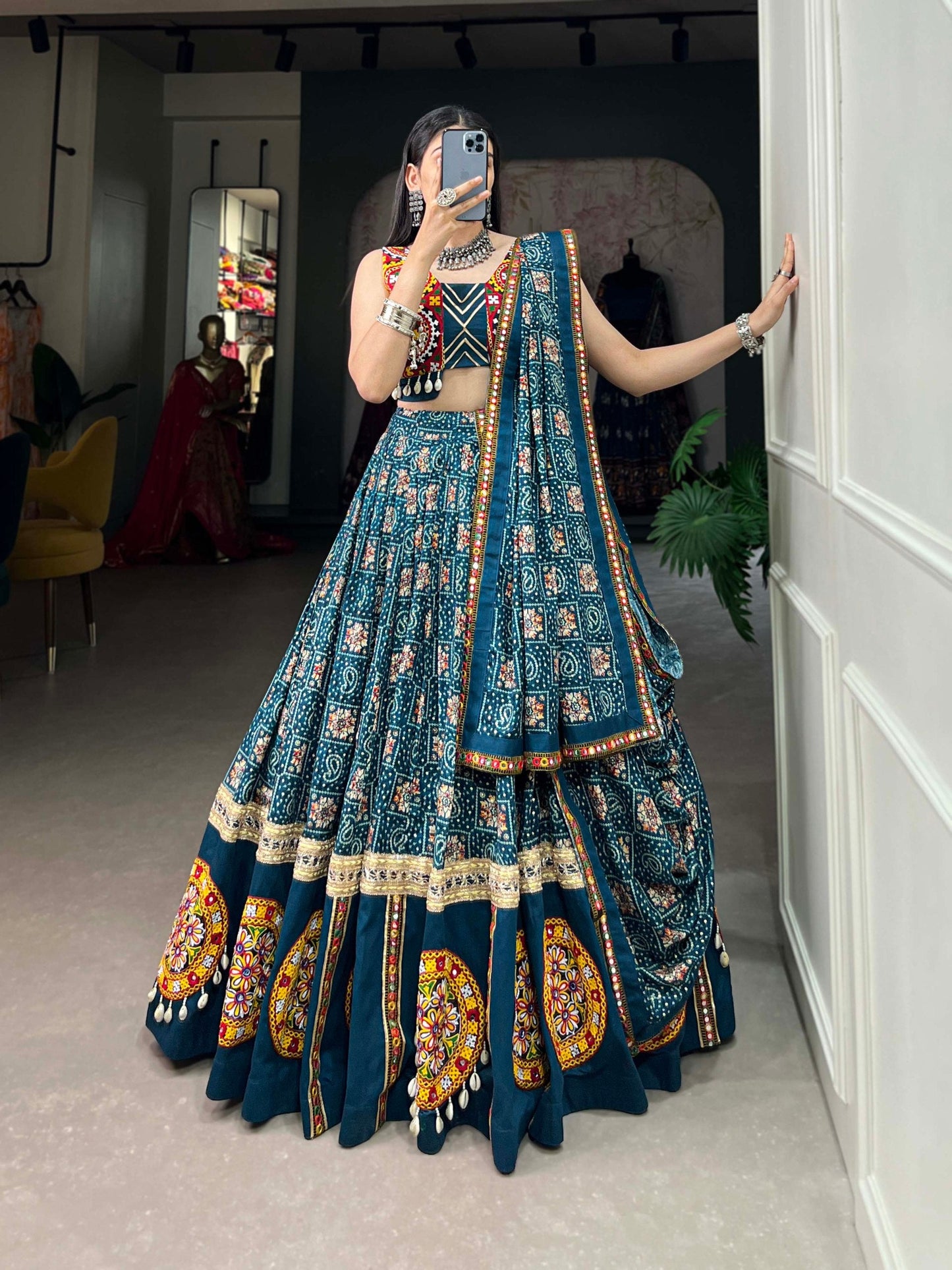 Lorenvalley Rama Pure Rayon Navratri Chaniya Choli, Complete With Sophisticated Printed Foil Work And Gamthi Patch & Lace Touch-Up | Swadesiicart
