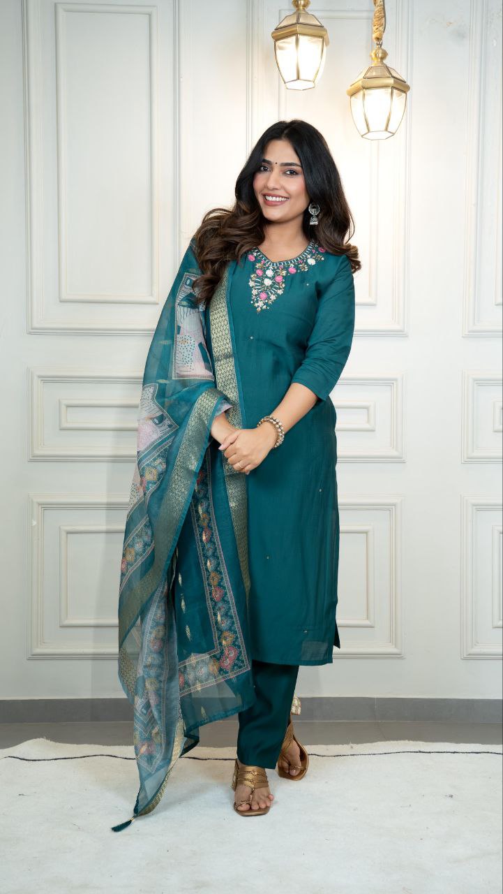 Lorenvalley Fashion Rama Roman Silk Hand Work Kurta Pant with Dupatta - Swadesiicart
