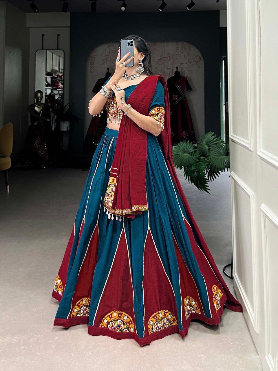 Lorenvalley Rama Pure Cotton Plain And Gamthi Patch Work With Gota Patti Lehenga Choli with Dupatta | Swadesiicart