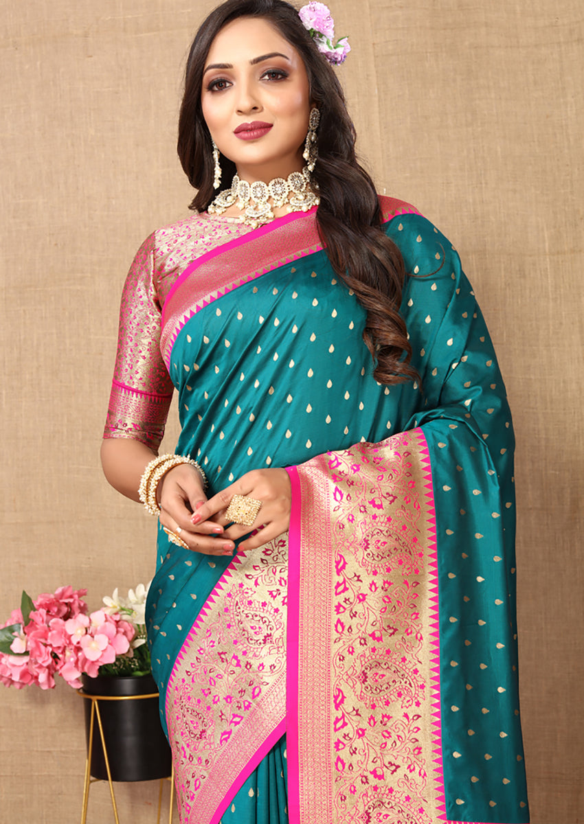 Lorenvalley Fashion Rama Soft Silk weaving Design Rich Zari Weaving Saree - Swadesiicart