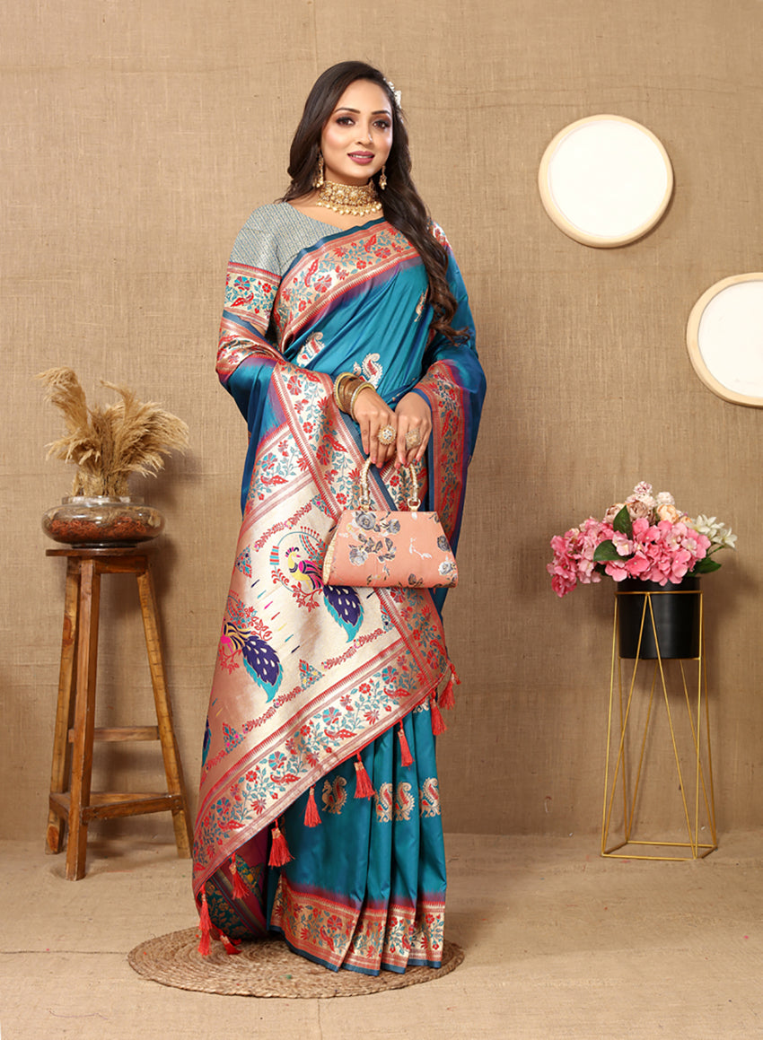 Lorenvalley Fashion Rama Soft Paithani Silk Woven Design Rich Meenakari Zari Weaving Pallu Saree - Swadesiicart