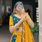 Lorenvalley Rayon Yellow and Rama with Printed Silk Original Mirror Gamthi Work and Embossed Design Gota Lehenga Choli with Dupatta | Swadesiicart