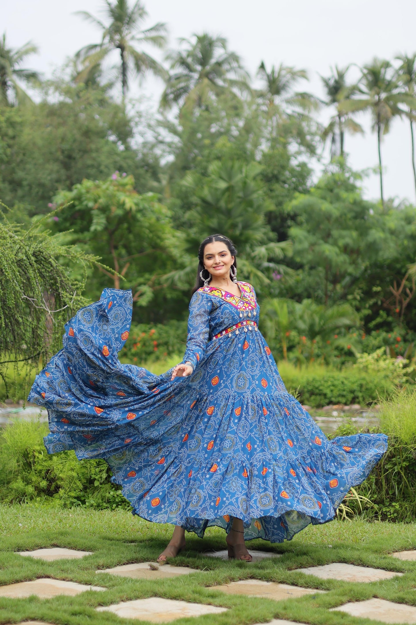 Lorenvalley Rama Faux Georgette Bandhani Print Work With Kutchi Patch Work Gown | Swadesiicart