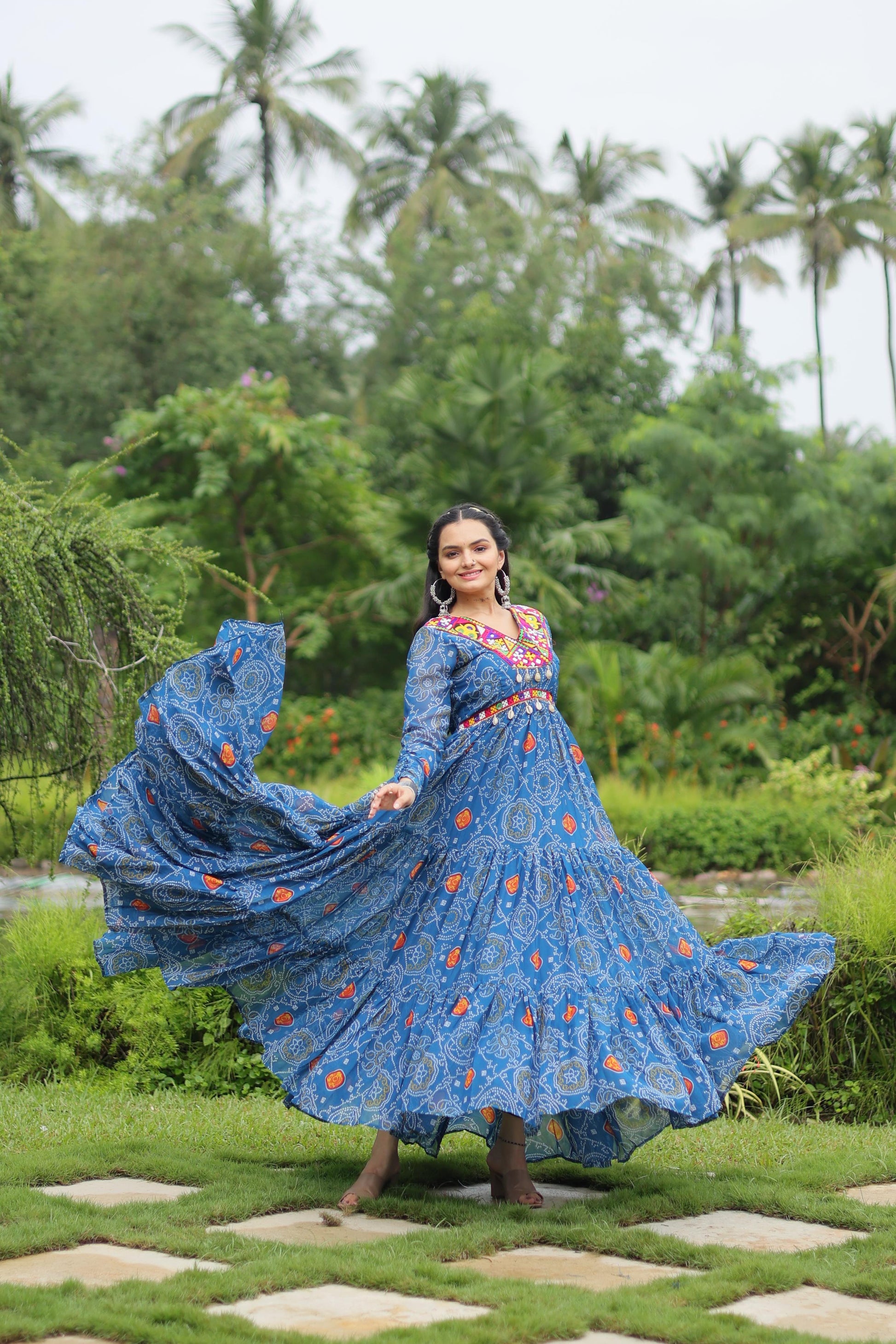 Lorenvalley Rama Faux Georgette Bandhani Print Work With Kutchi Patch Work Gown | Swadesiicart