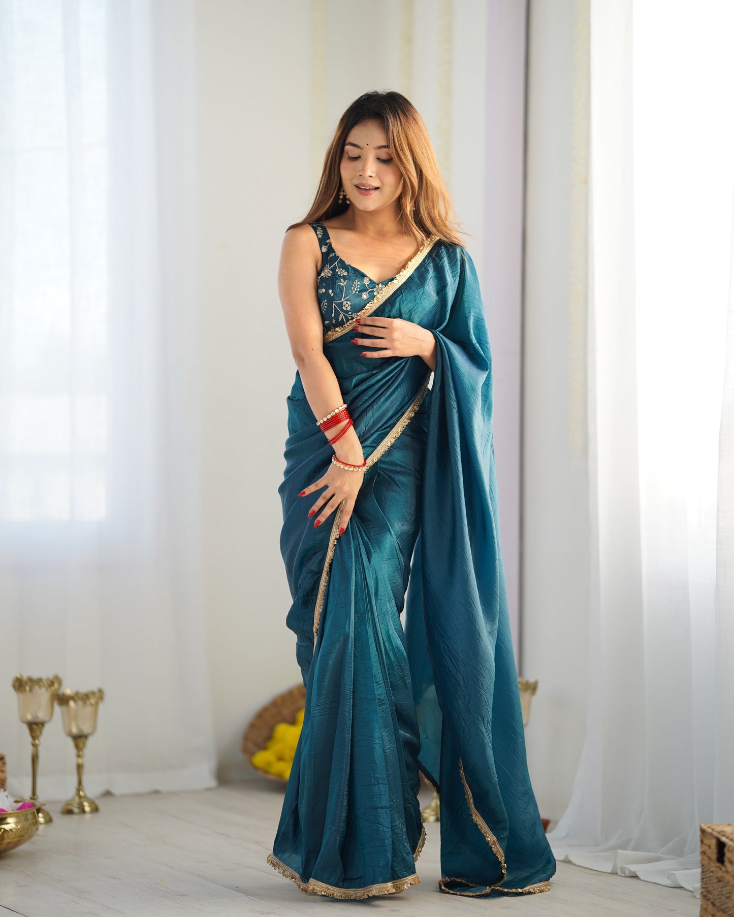 Lorenvalley Ready to wear Crush Tissue Silk Fabric Fancy Border Premium Lace Work Predrapped Saree - Swadesiicart