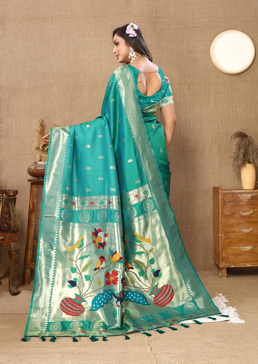 Lorenvalley Fashion Rama Soft Paithani Silk Woven Design Rich Zari Meenakari Weaving Saree - Swadesiicart