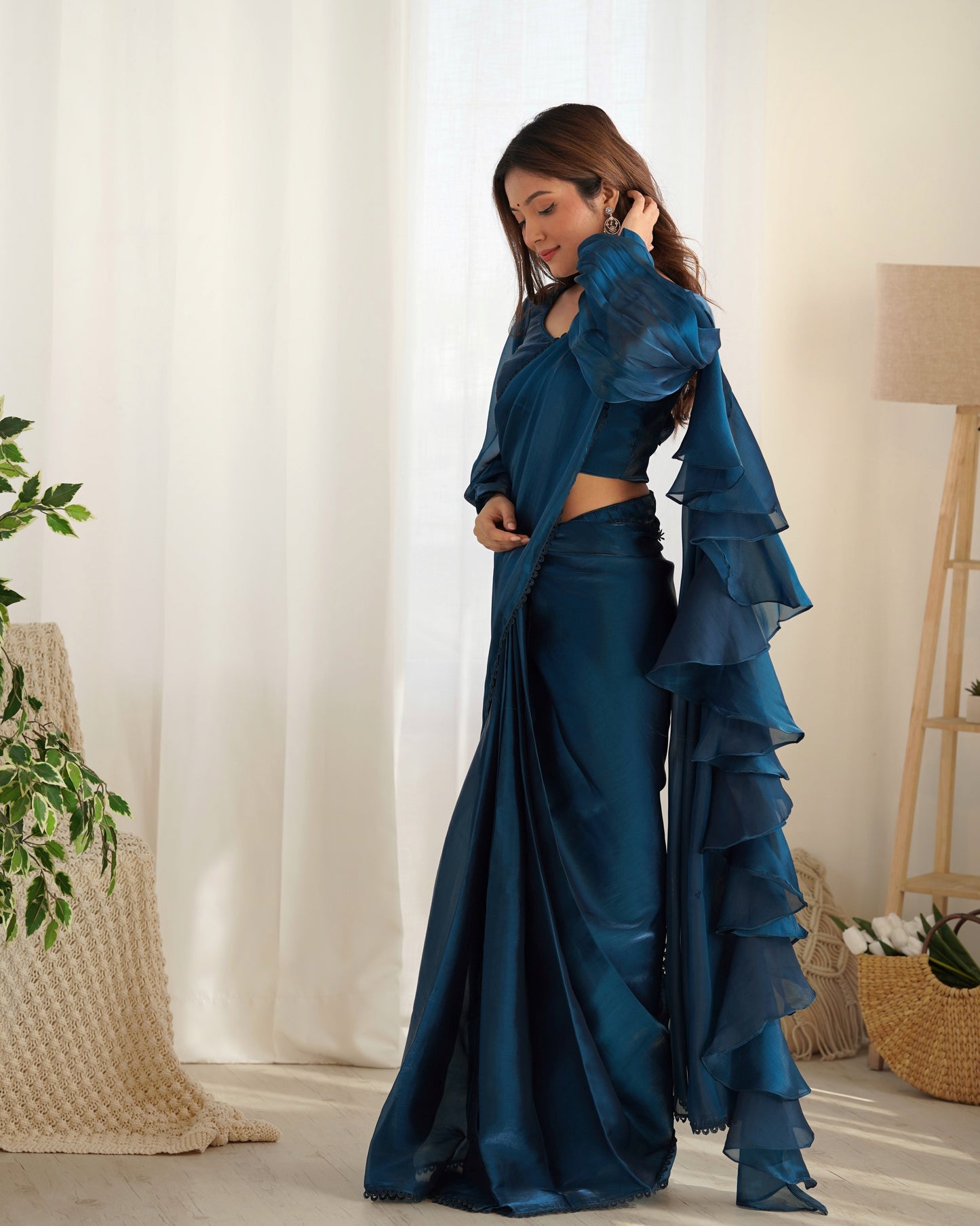 Lorenvalley Ready to wear Jimmy Choo Organza Fabric Border Lace Work Predrapped Saree - Swadesiicart