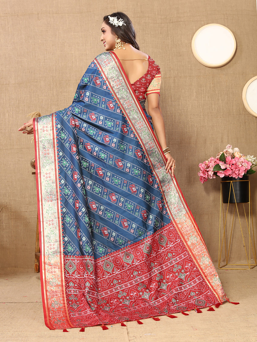 Lorenvalley Fashion Rama Patola Silk Woven Design with Zari Meenakari Weaving motifs Pallu Saree - Swadesiicart