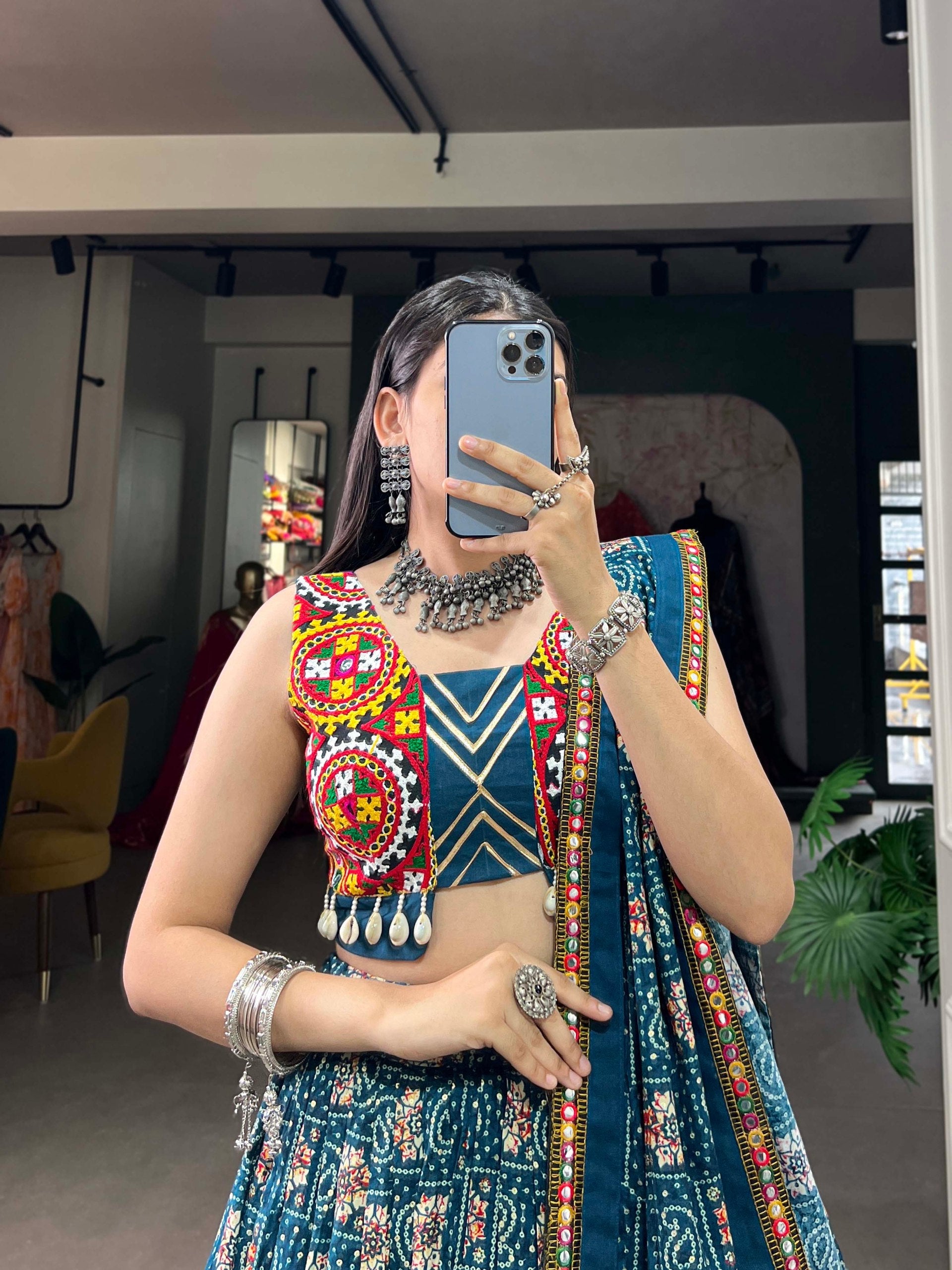 Lorenvalley Rama Pure Rayon Navratri Chaniya Choli, Complete With Sophisticated Printed Foil Work And Gamthi Patch & Lace Touch-Up | Swadesiicart
