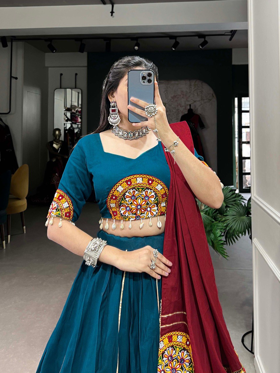 Lorenvalley Rama Pure Cotton Plain And Gamthi Patch Work With Gota Patti Lehenga Choli with Dupatta | Swadesiicart