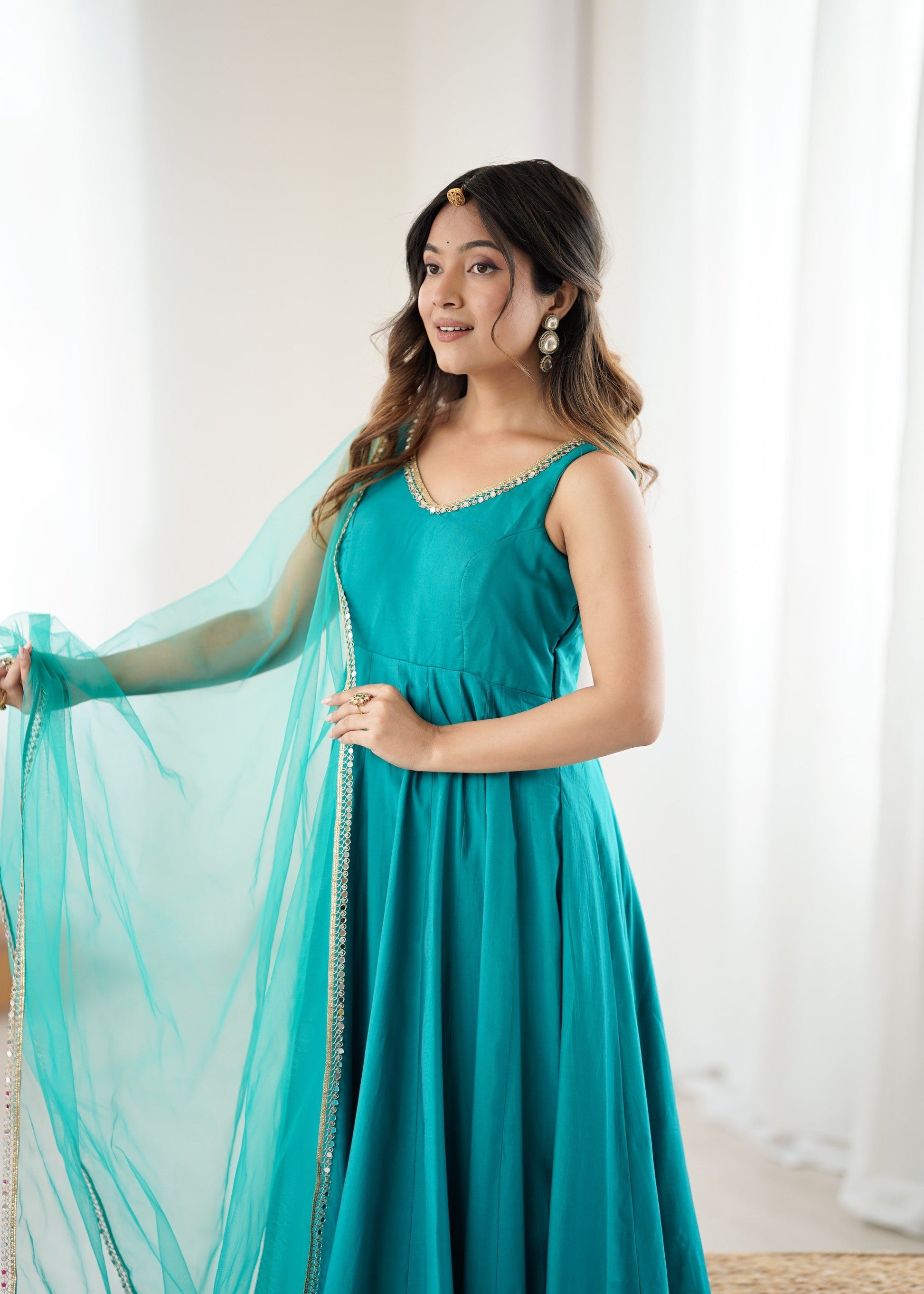Lorenvalley Fashion Rama Pure Roman Silk Chanderi Fabric Yoke Fancy Lace Work Anarkali Kurta Pant With Dupatta Set - Swadesiicart