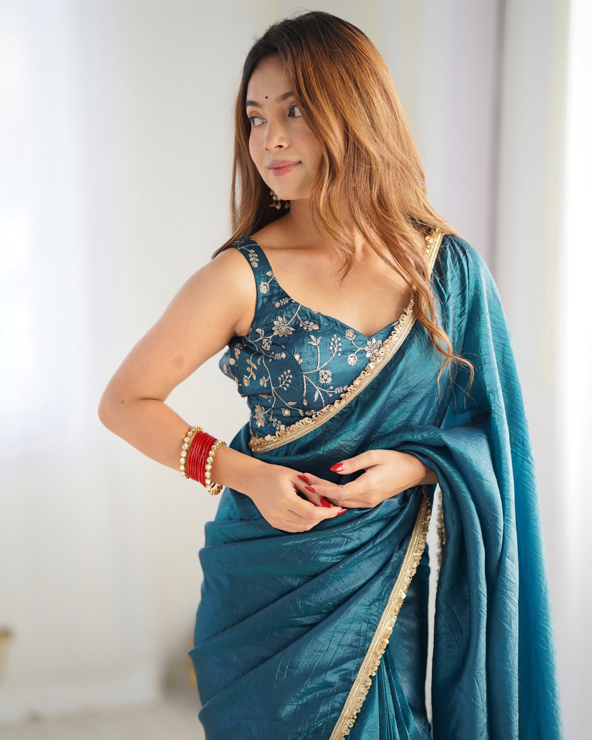 Lorenvalley Ready to wear Crush Tissue Silk Fabric Fancy Border Premium Lace Work Predrapped Saree - Swadesiicart