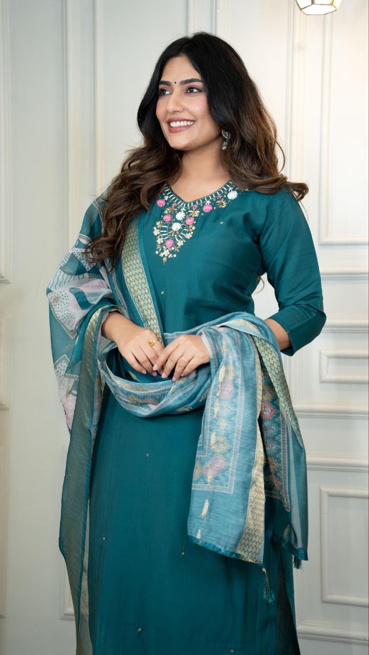 Lorenvalley Fashion Rama Roman Silk Hand Work Kurta Pant with Dupatta - Swadesiicart