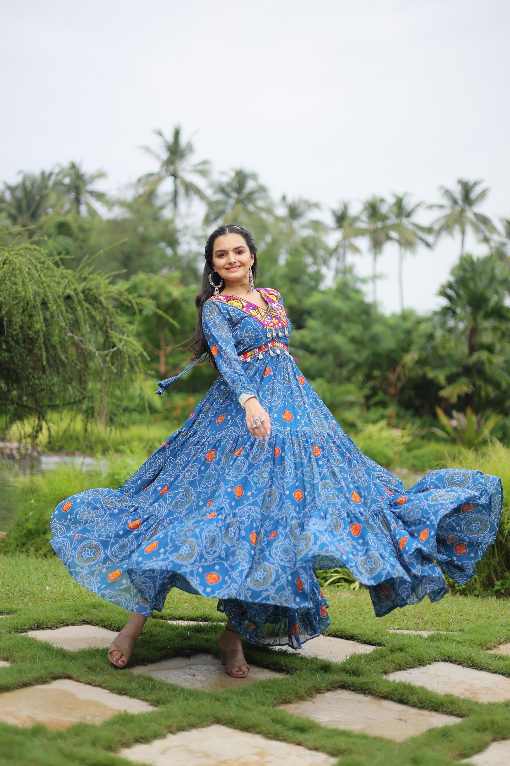 Lorenvalley Rama Faux Georgette Bandhani Print Work With Kutchi Patch Work Gown | Swadesiicart