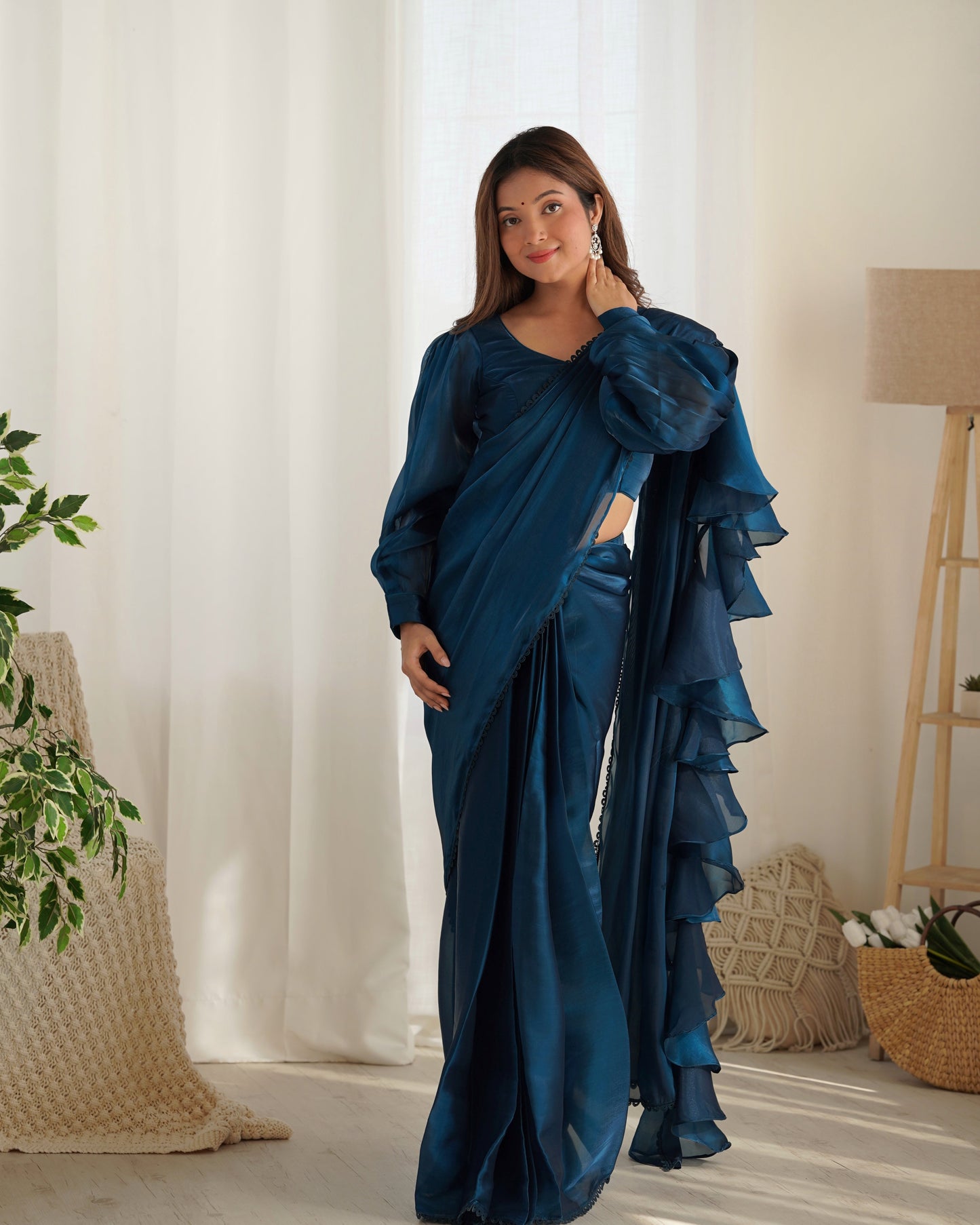 Lorenvalley Ready to wear Jimmy Choo Organza Fabric Border Lace Work Predrapped Saree - Swadesiicart