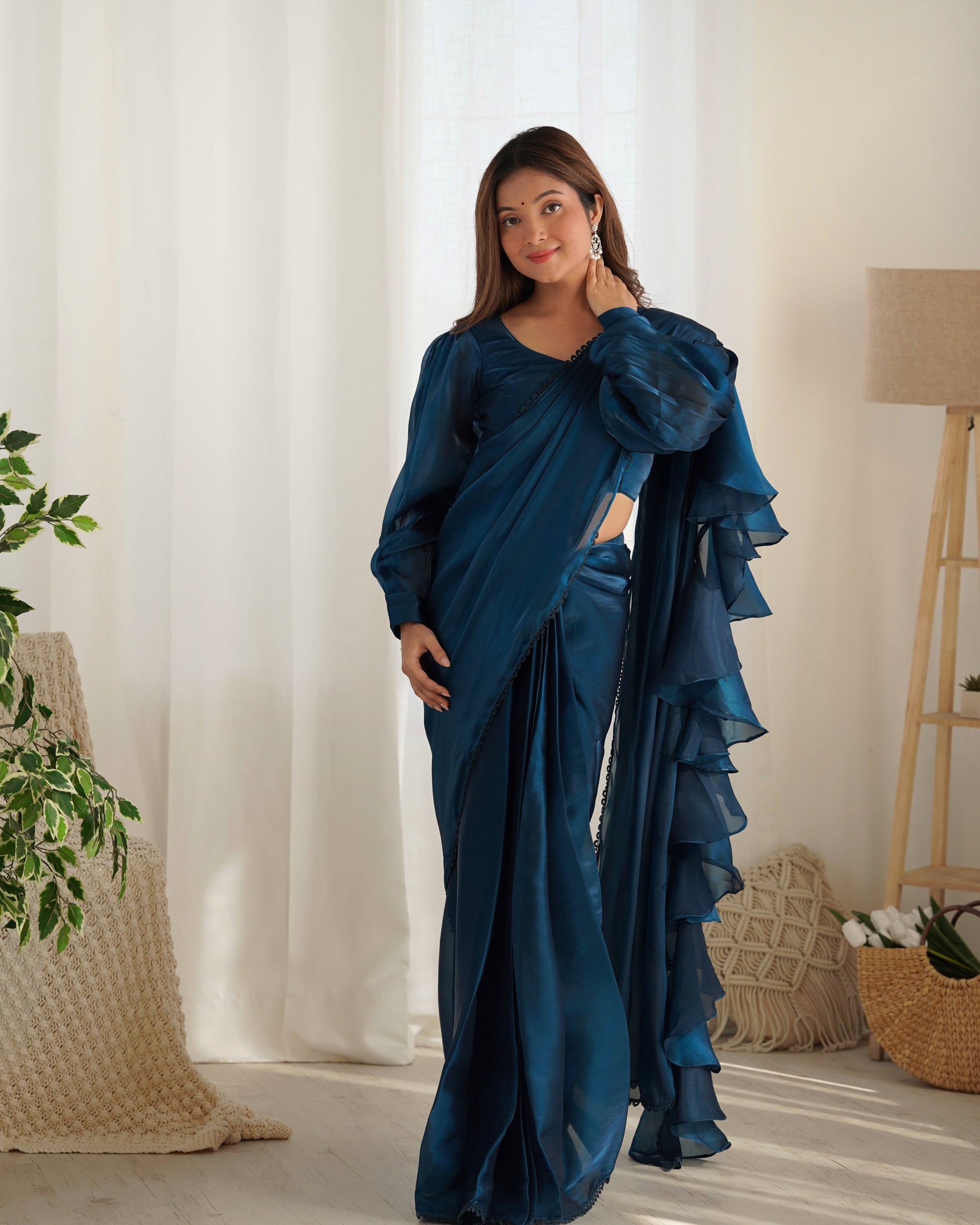 Lorenvalley Ready to wear Jimmy Choo Organza Fabric Border Lace Work Predrapped Saree - Swadesiicart