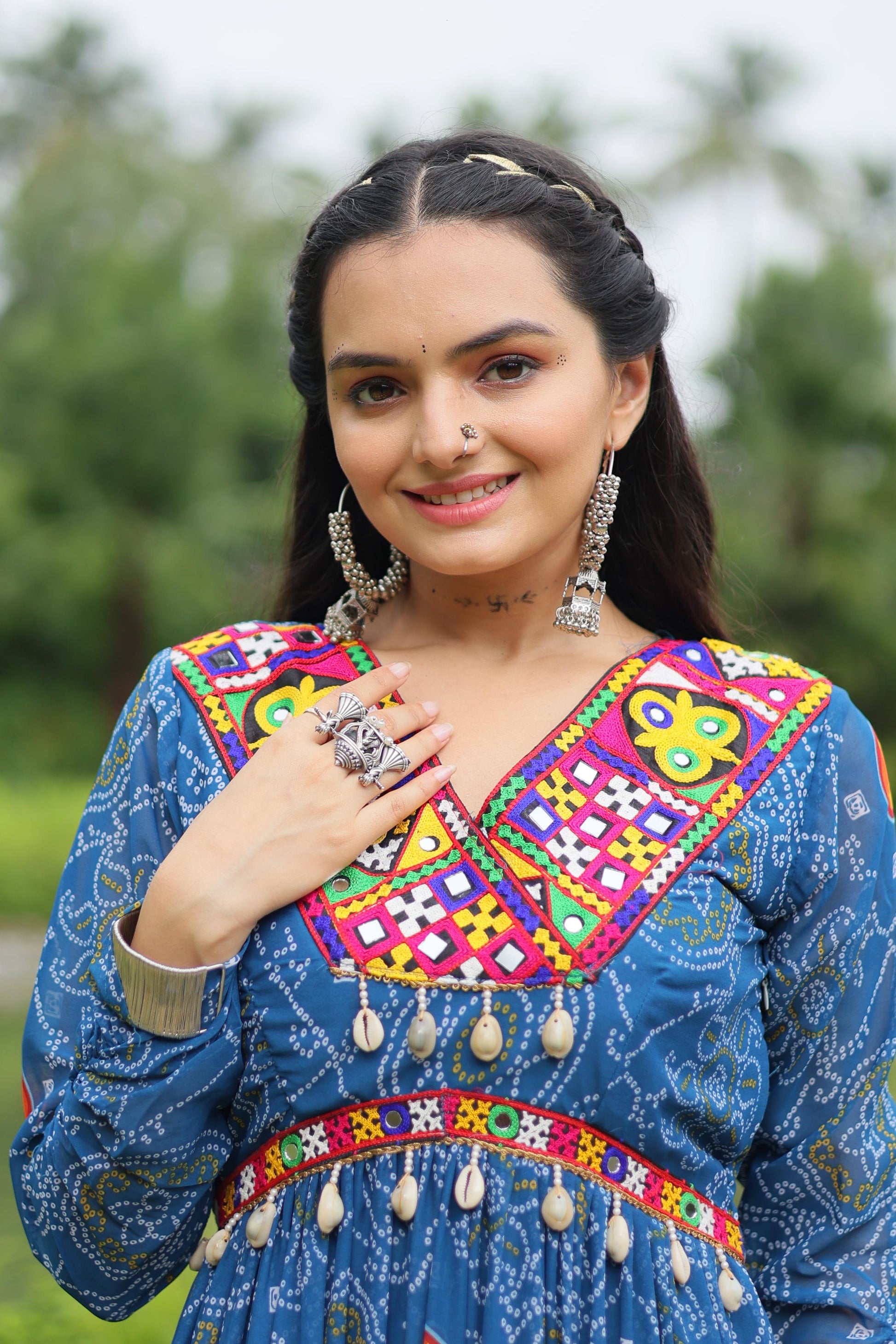 Lorenvalley Rama Faux Georgette Bandhani Print Work With Kutchi Patch Work Gown | Swadesiicart