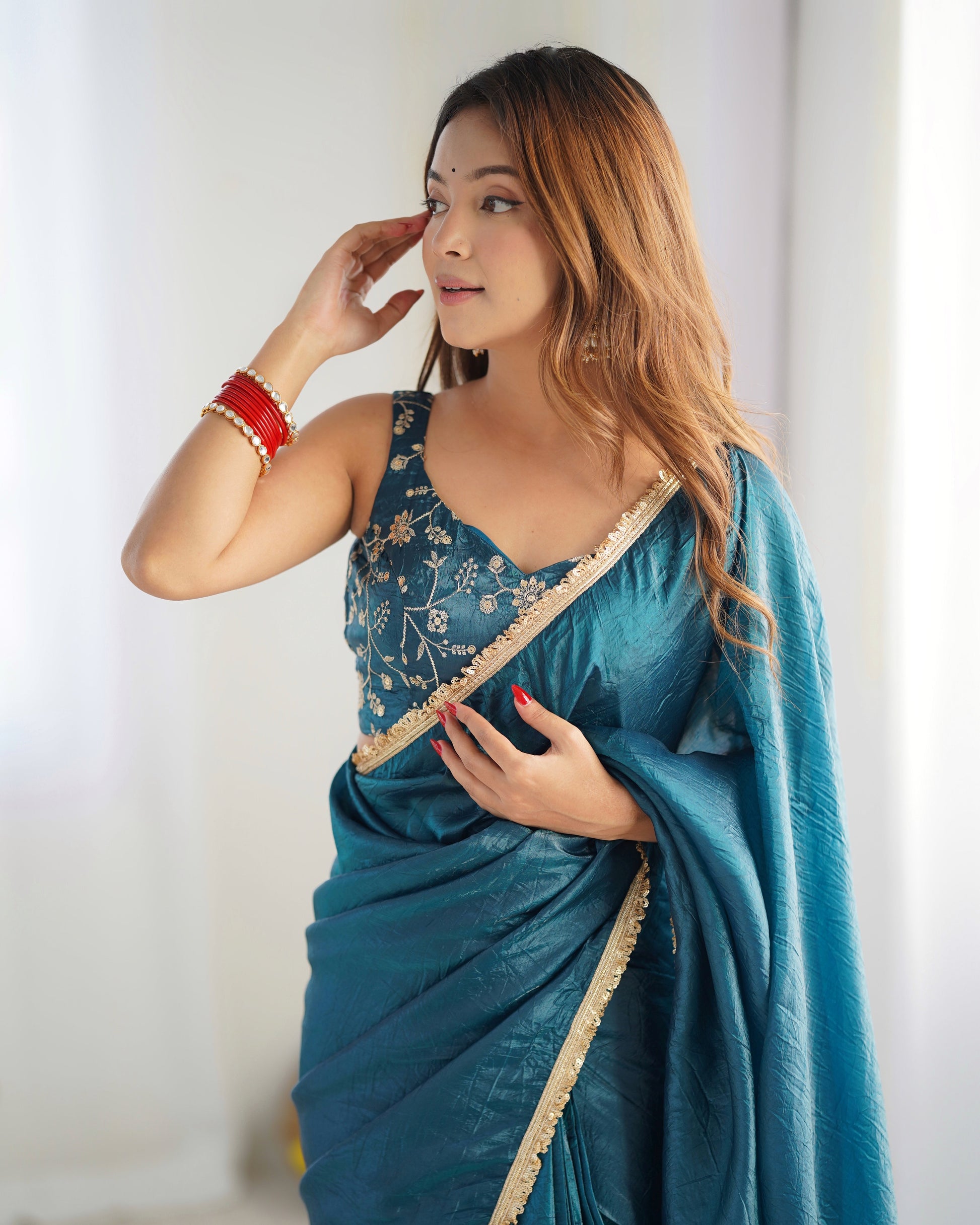 Lorenvalley Ready to wear Crush Tissue Silk Fabric Fancy Border Premium Lace Work Predrapped Saree - Swadesiicart