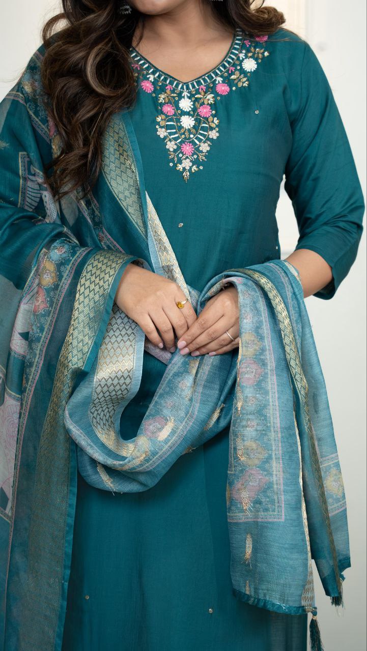 Lorenvalley Fashion Rama Roman Silk Hand Work Kurta Pant with Dupatta - Swadesiicart