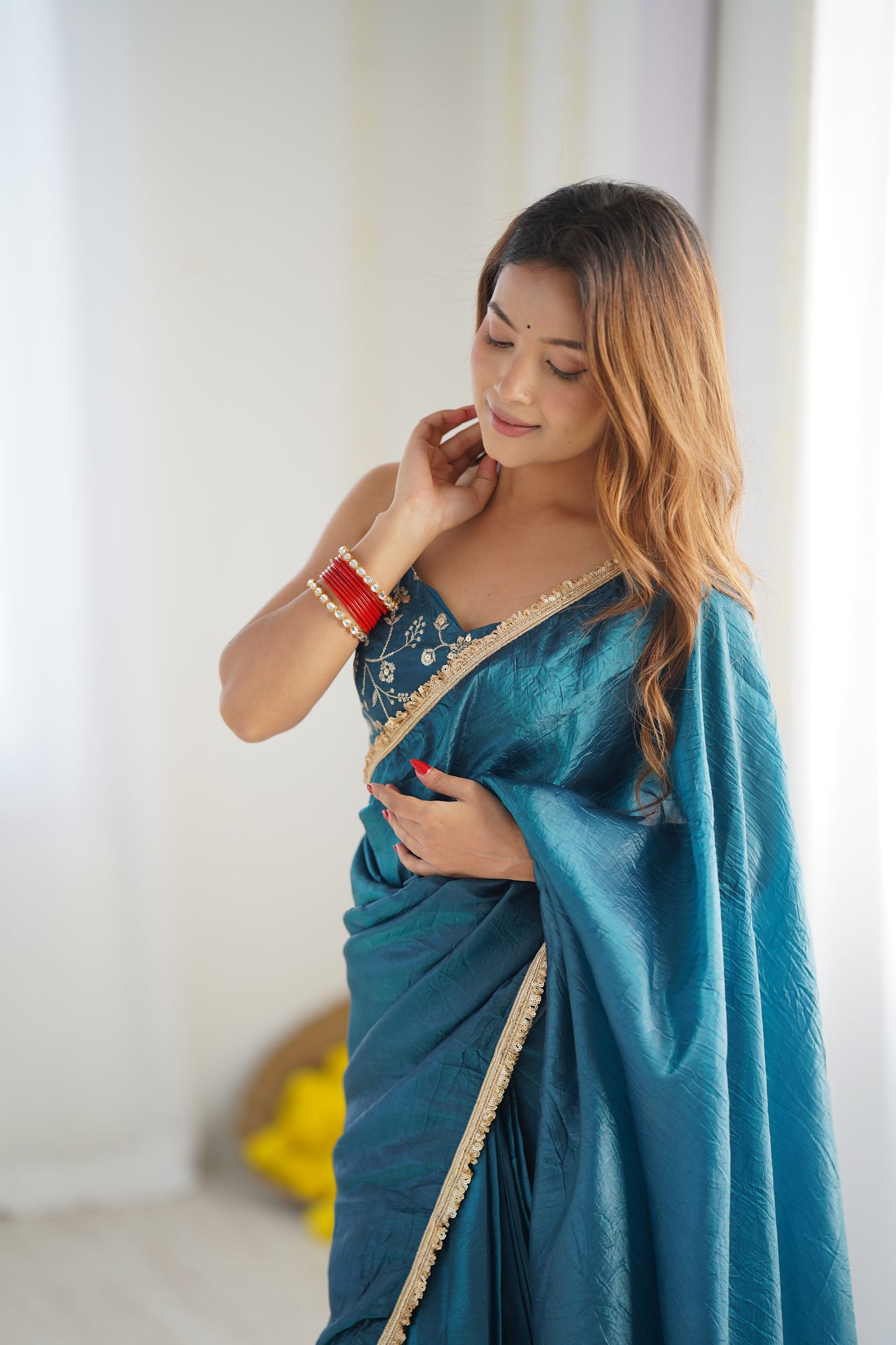 Lorenvalley Ready to wear Crush Tissue Silk Fabric Fancy Border Premium Lace Work Predrapped Saree - Swadesiicart