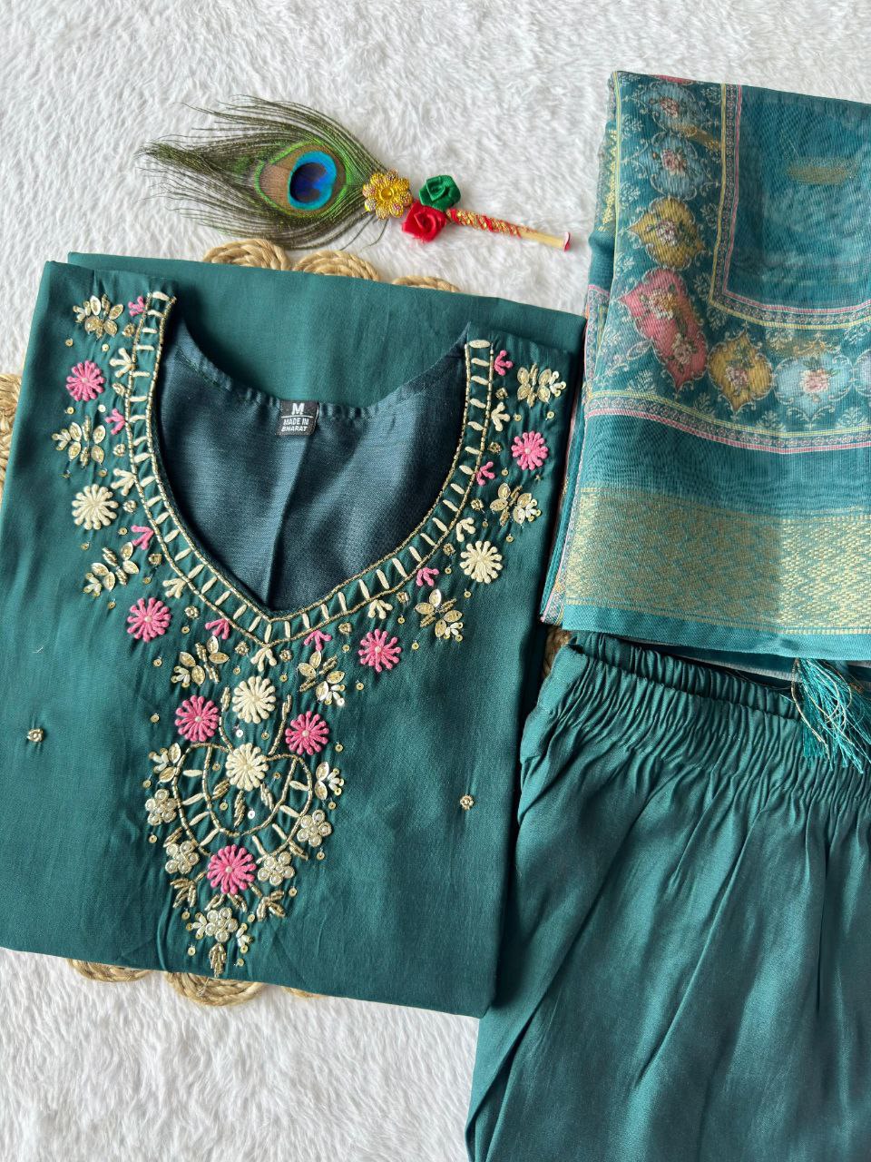Lorenvalley Fashion Rama Roman Silk Hand Work Kurta Pant with Dupatta - Swadesiicart