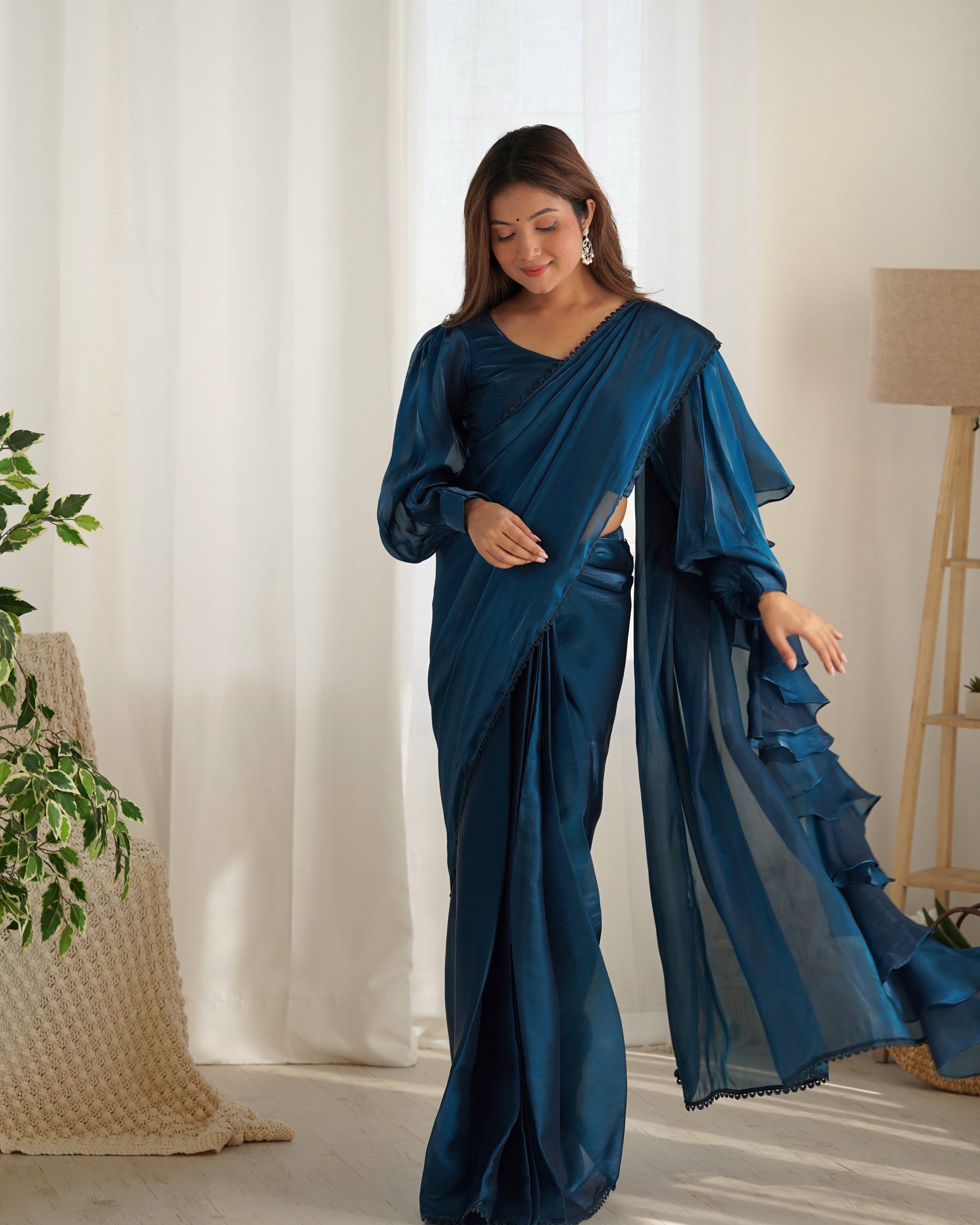 Lorenvalley Ready to wear Jimmy Choo Organza Fabric Border Lace Work Predrapped Saree - Swadesiicart