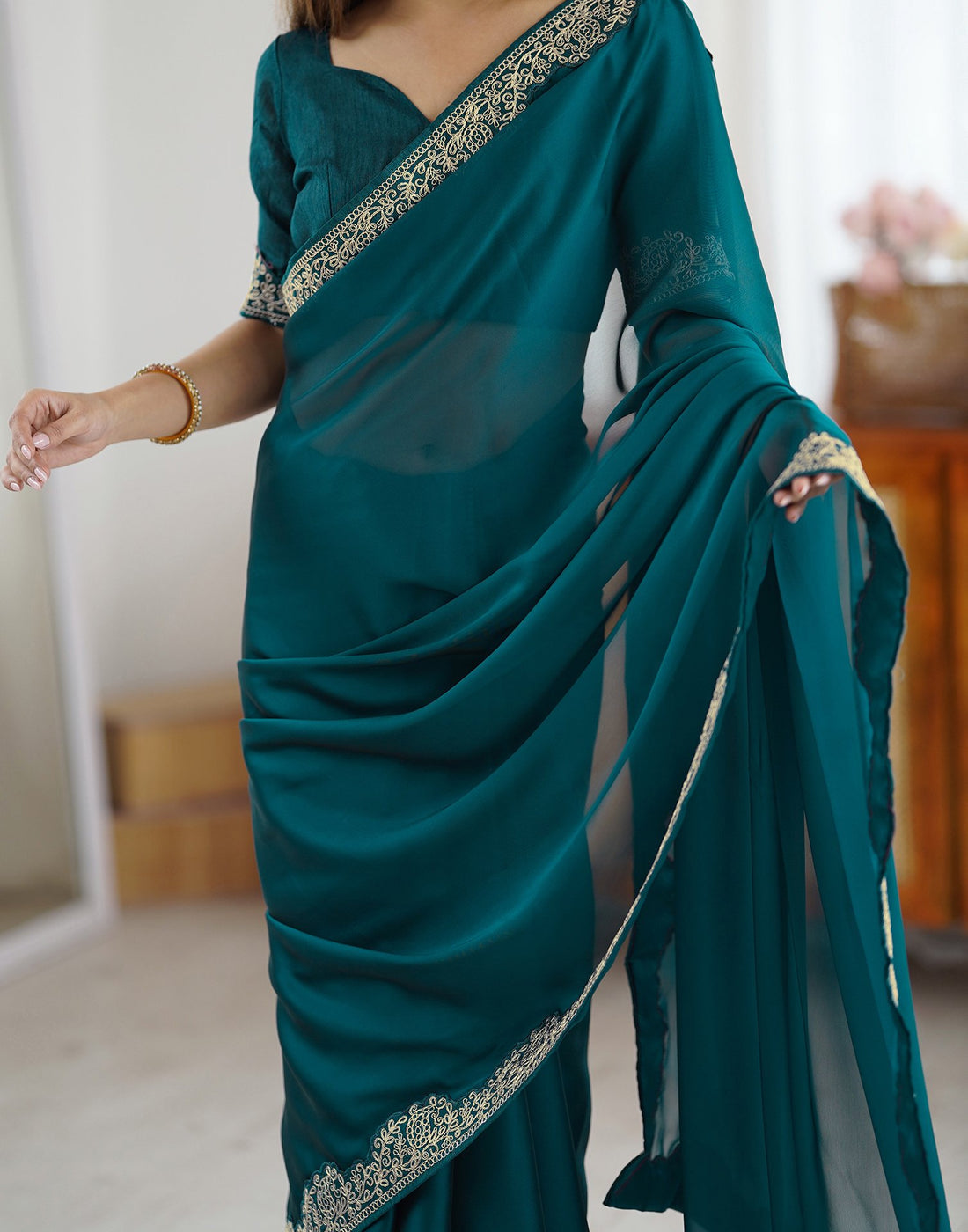 Lorenvalley Fashion Rama Rangoli Silk with Coding Lace Work Saree with Blouse - Swadesiicart
