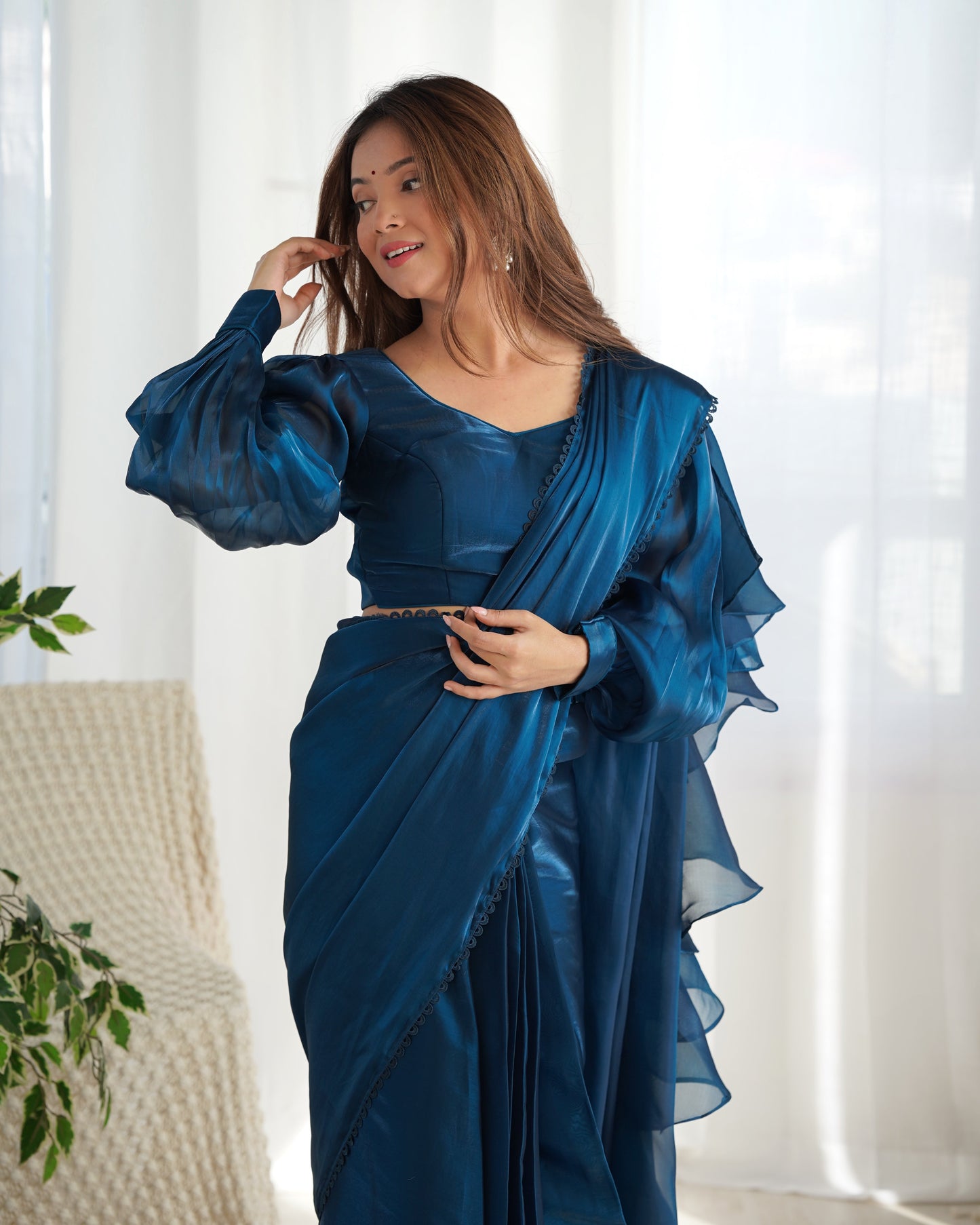 Lorenvalley Ready to wear Jimmy Choo Organza Fabric Border Lace Work Predrapped Saree - Swadesiicart