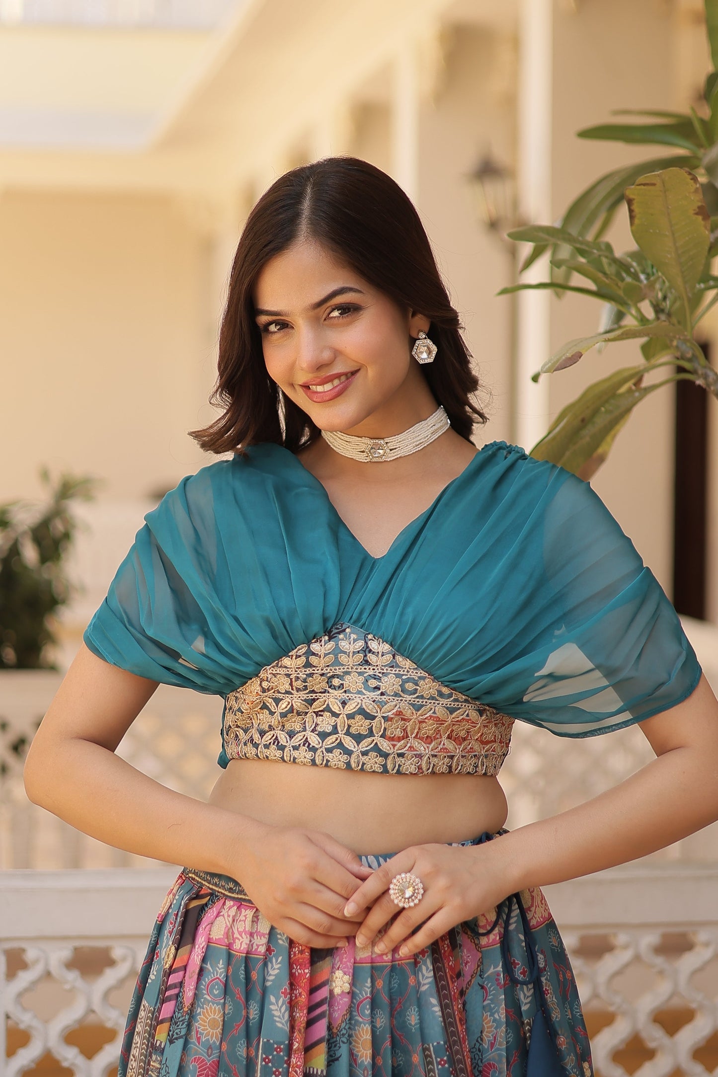 Lorenvalley Rama Russian Silk Rich Digital Printed With Foil Embroidery work Lehenga Choli | Swadesiicart