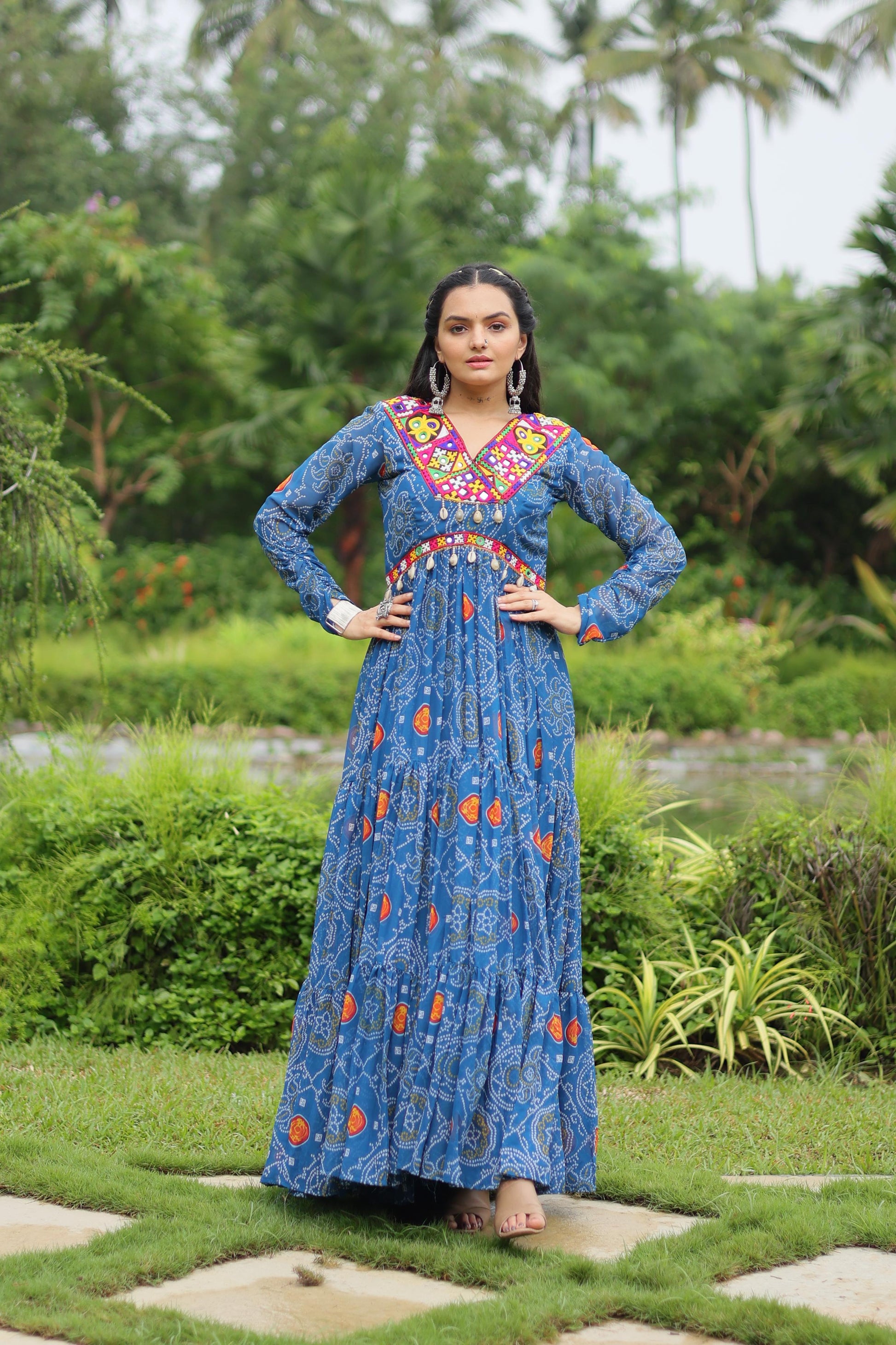 Lorenvalley Rama Faux Georgette Bandhani Print Work With Kutchi Patch Work Gown | Swadesiicart