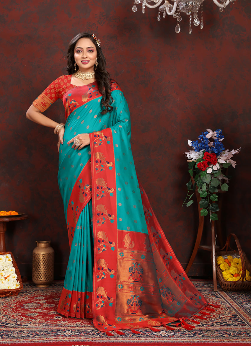 Lorenvalley Fashion Rama Soft Paithani Silk Woven Design Rich Zari Meenakari Weaving Saree - Swadesiicart