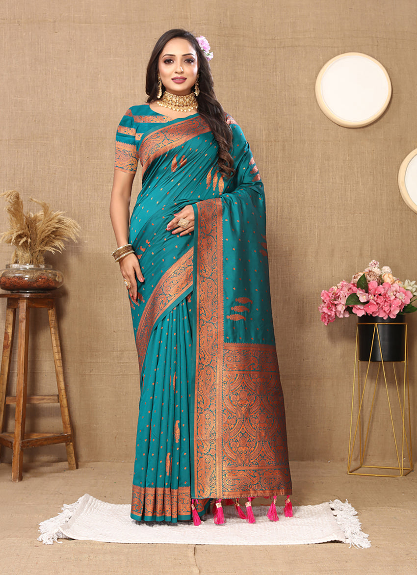 Lorenvalley Fashion Rama Soft Silk Copper Zari weaving Design Saree - Swadesiicart