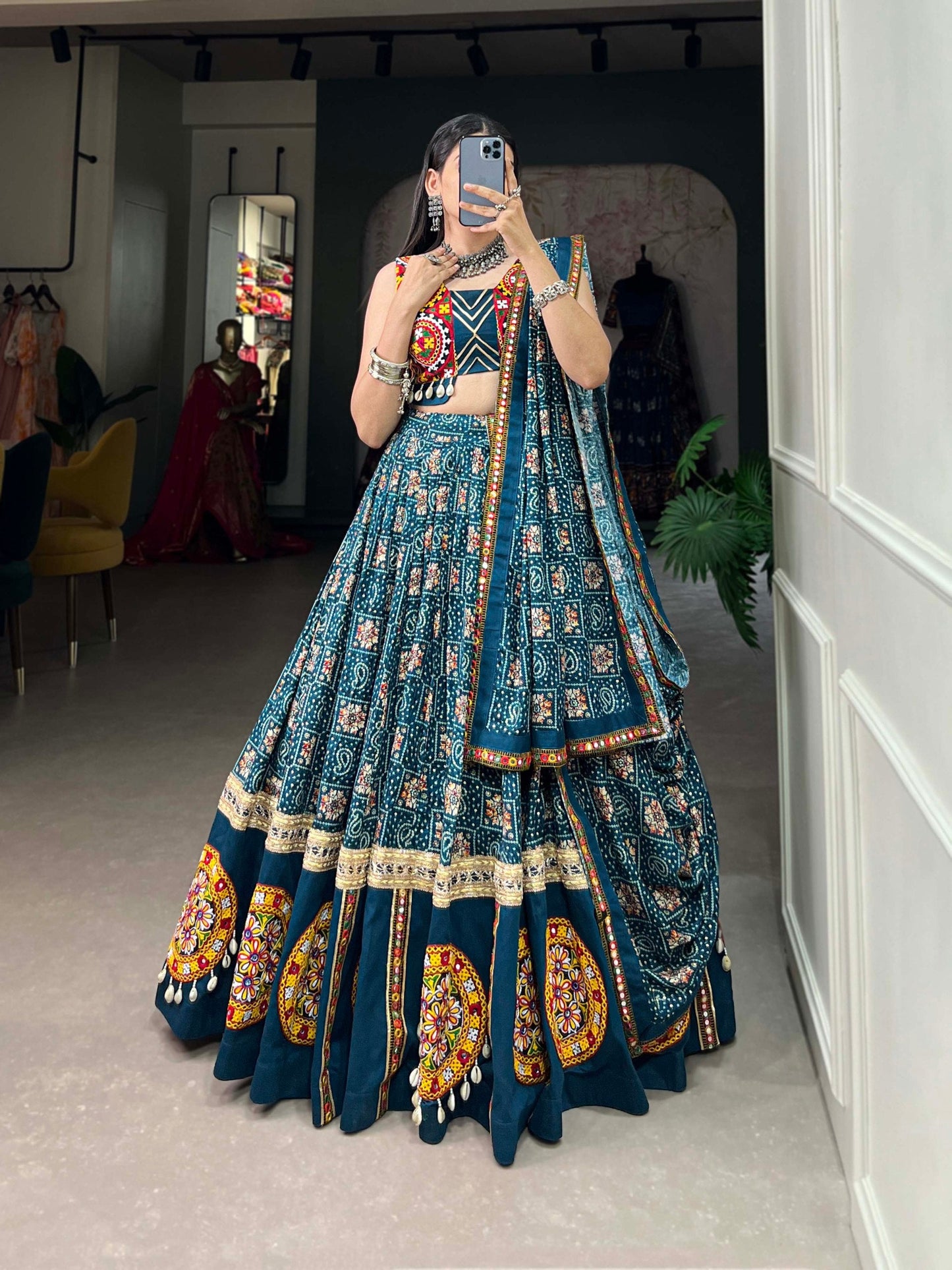 Lorenvalley Rama Pure Rayon Navratri Chaniya Choli, Complete With Sophisticated Printed Foil Work And Gamthi Patch & Lace Touch-Up | Swadesiicart