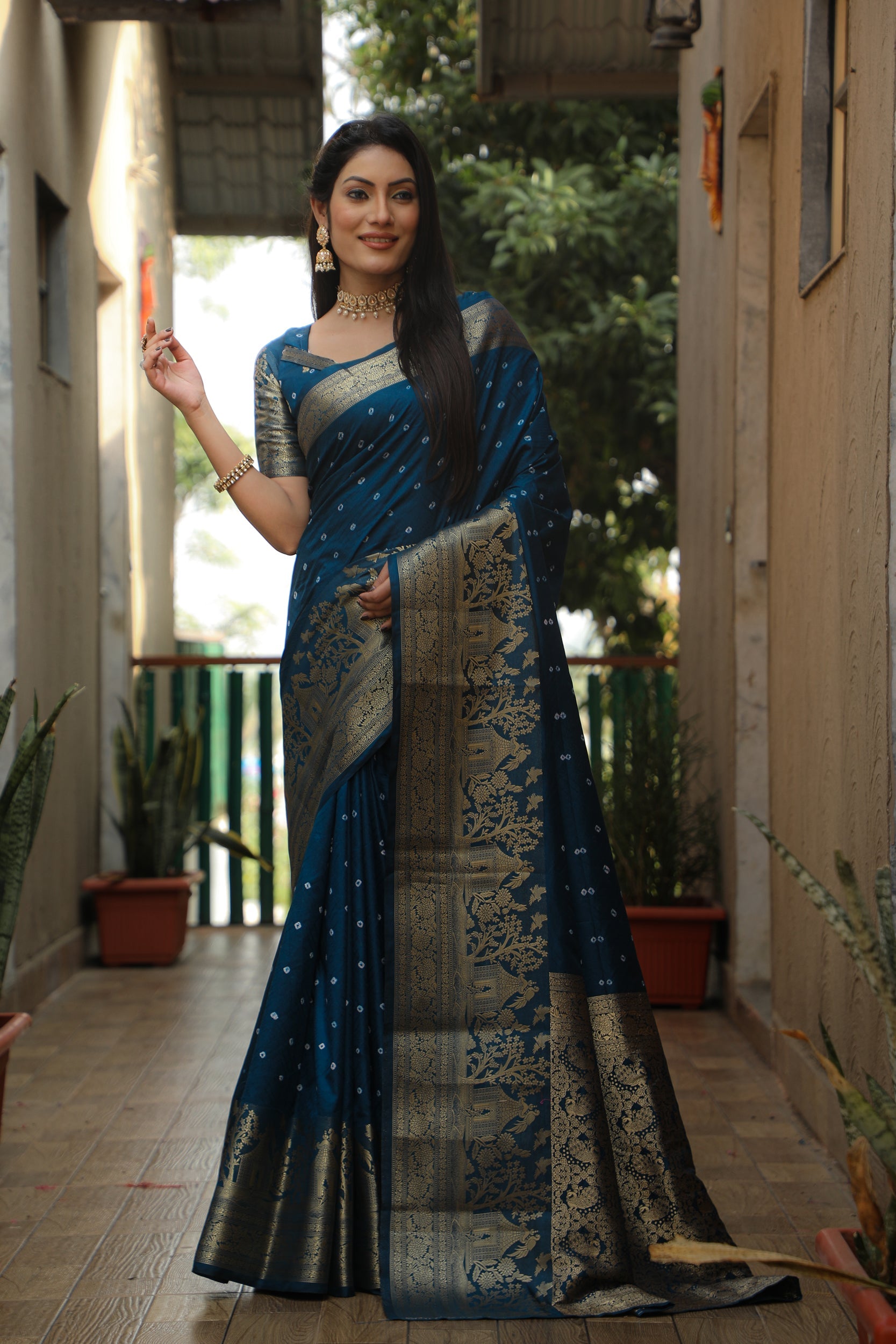 Lorenvalley Premium Pure Handmade Bandhej Kanjivaram silk saree with Zari Weaving Rich Pallu saree - Rama - Swadesiicart