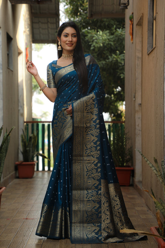 Lorenvalley Premium Pure Handmade Bandhej Kanjivaram silk saree with Zari Weaving Rich Pallu saree - Rama - Swadesiicart