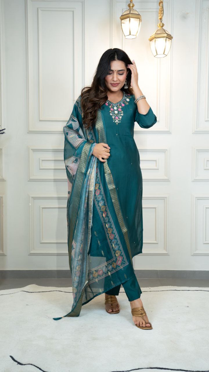 Lorenvalley Fashion Rama Roman Silk Hand Work Kurta Pant with Dupatta - Swadesiicart