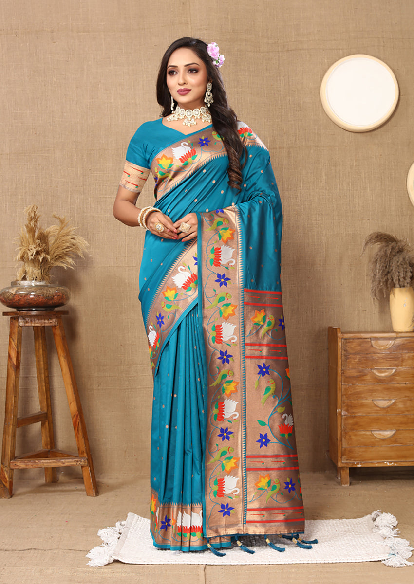 Lorenvalley Fashion Rama Soft Paithani Silk Woven Design Rich Zari Meenakari Weaving Saree - Swadesiicart