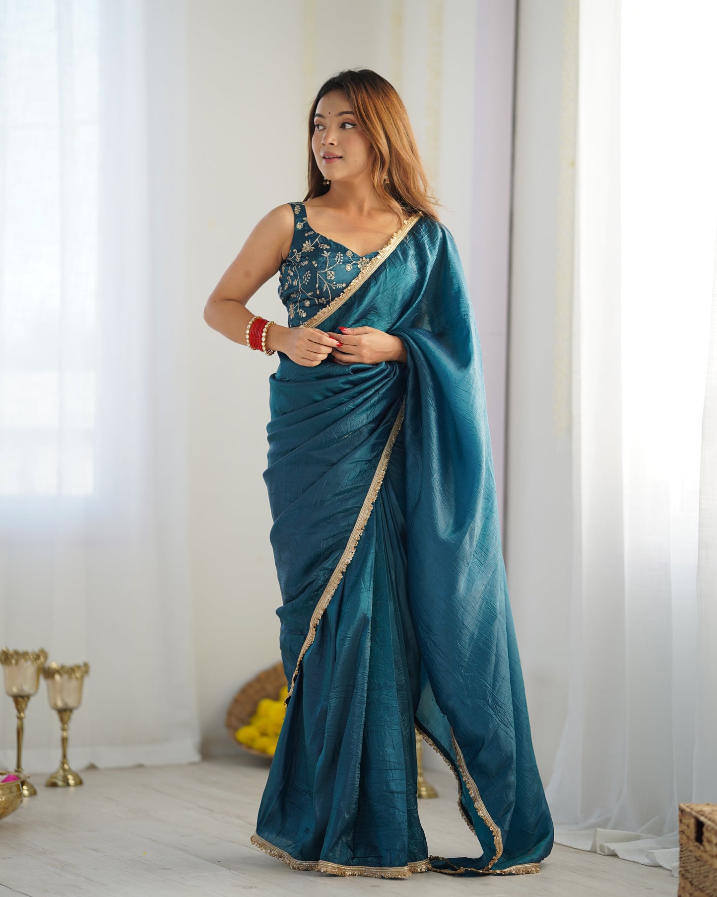 Lorenvalley Ready to wear Crush Tissue Silk Fabric Fancy Border Premium Lace Work Predrapped Saree - Swadesiicart