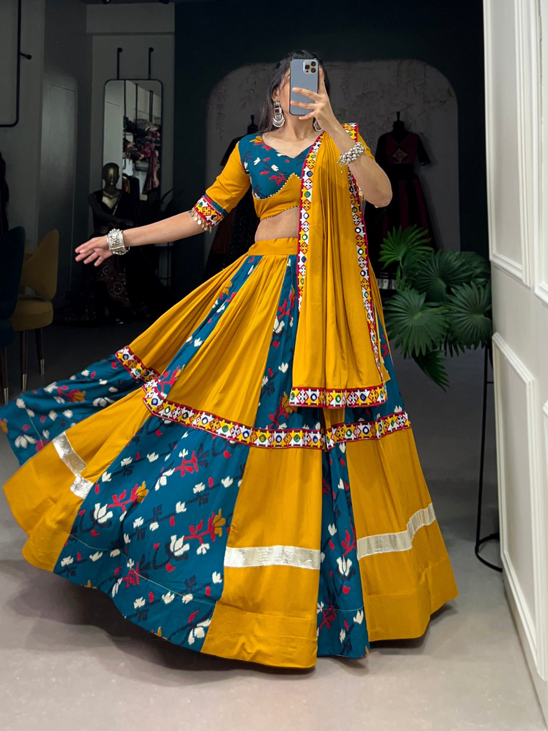 Lorenvalley Rayon Yellow and Rama with Printed Silk Original Mirror Gamthi Work and Embossed Design Gota Lehenga Choli with Dupatta | Swadesiicart