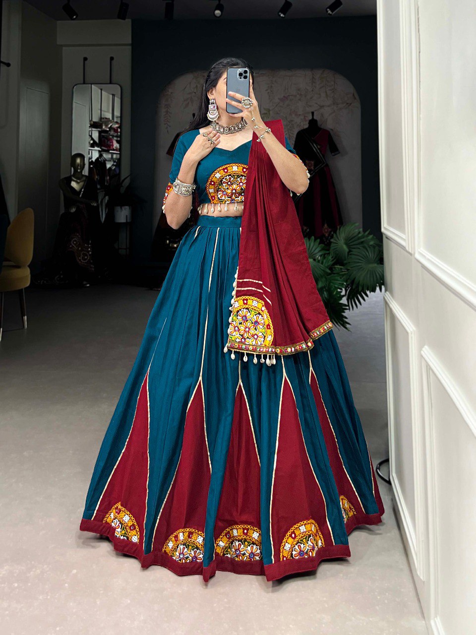 Lorenvalley Pure Cotton Rama Plain And Gamthi Patch Work With Gota Patti Lehenga Choli with Dupatta | Swadesiicart