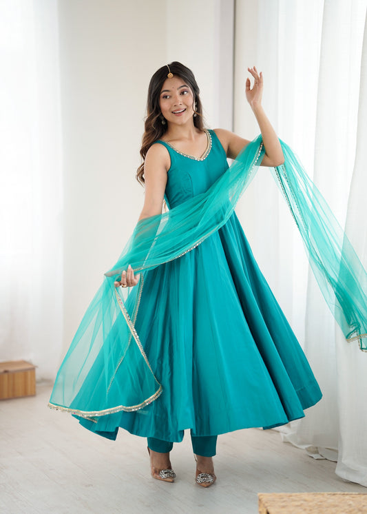 Lorenvalley Fashion Rama Pure Roman Silk Chanderi Fabric Yoke Fancy Lace Work Anarkali Kurta Pant With Dupatta Set - Swadesiicart
